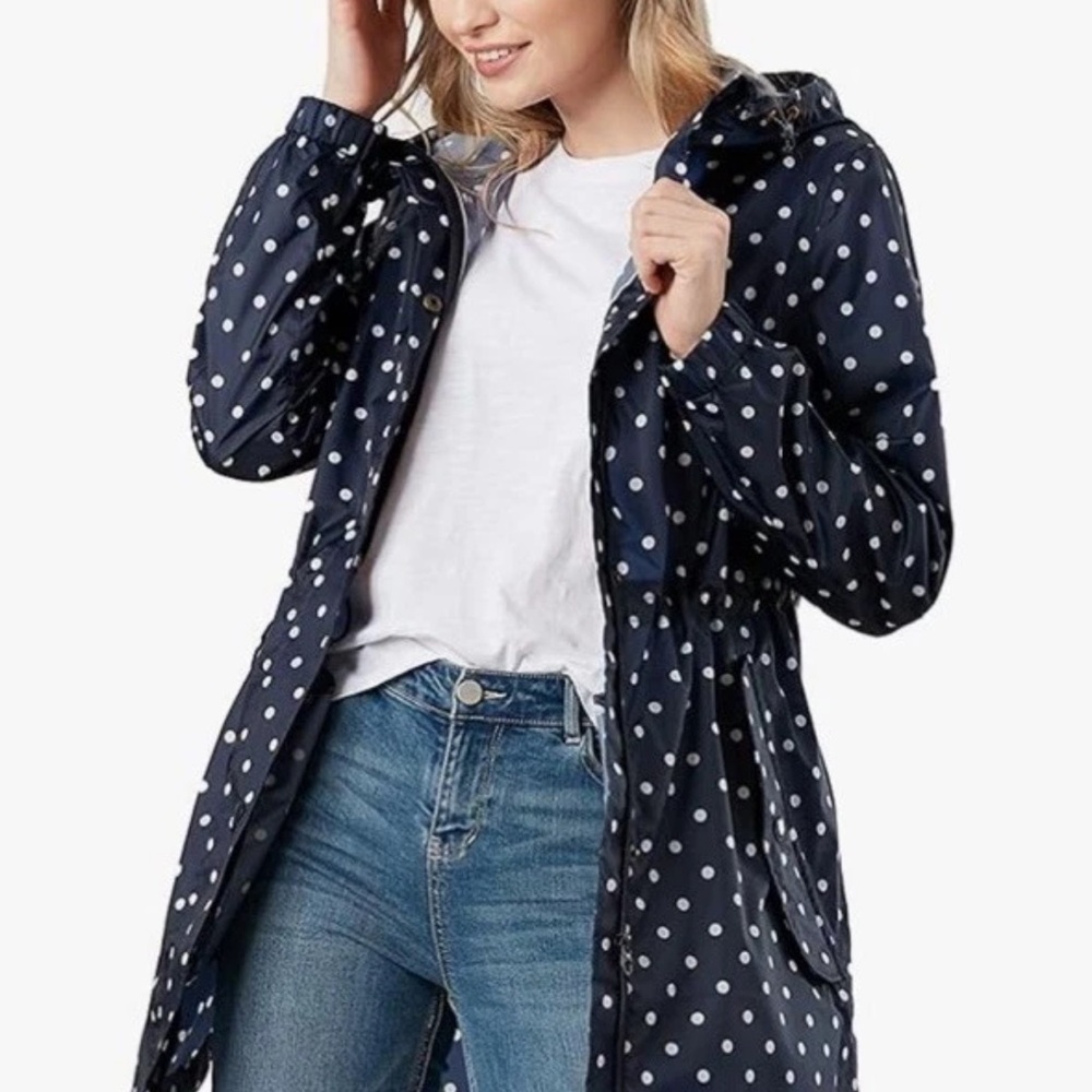 Joules Navy Blue Polka Dots Packaway Waterproof Raincoat Jacket Size 6